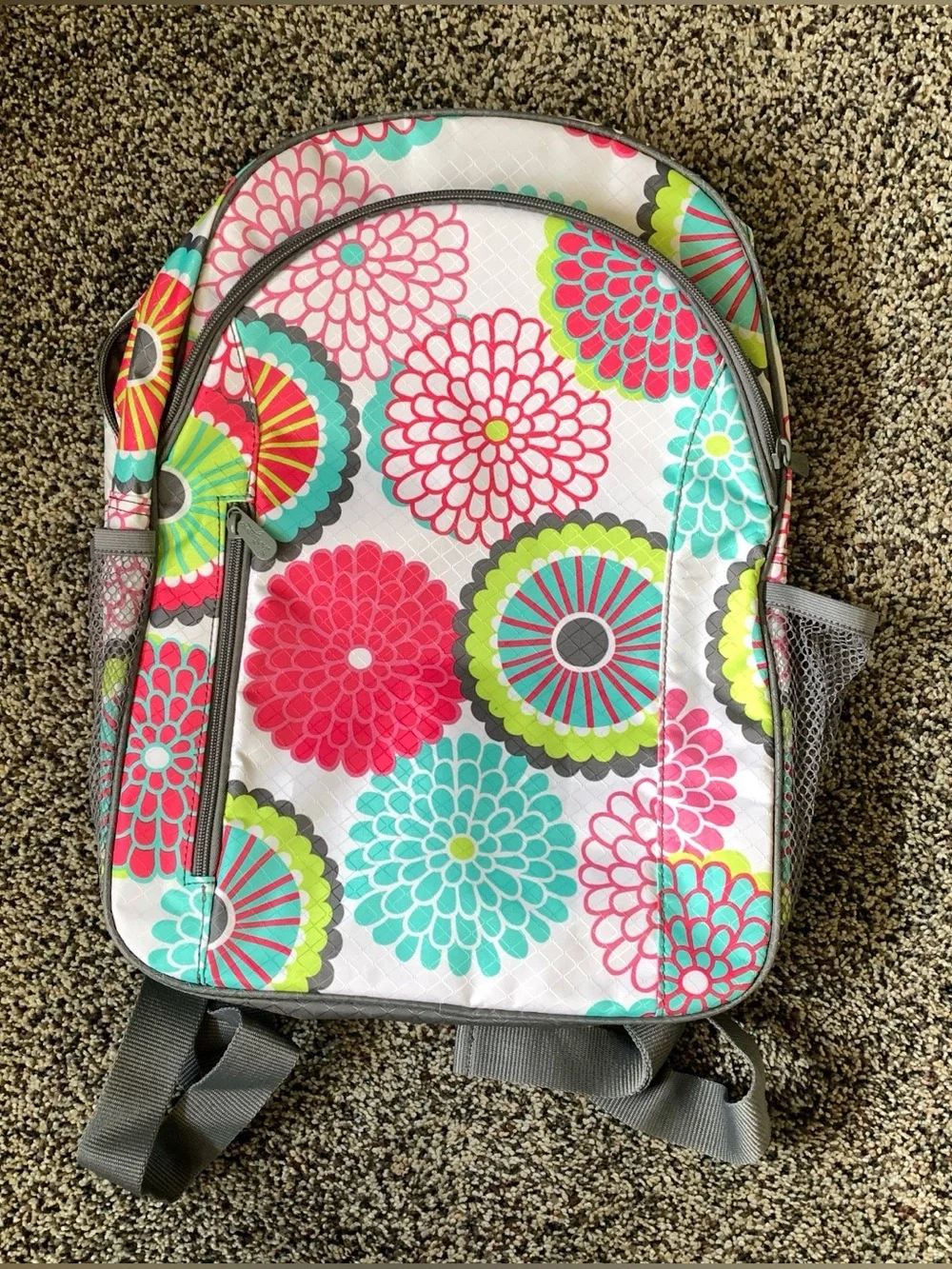 Thirty-One Backpack Bubble Bloom floral pattern with pink, green and turquoise